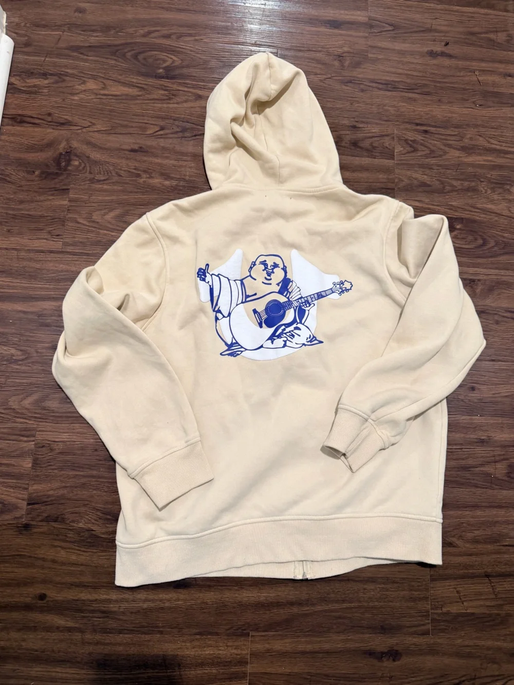 True Religion Cream Hoodie with Navy Buddha Guitar Graphic